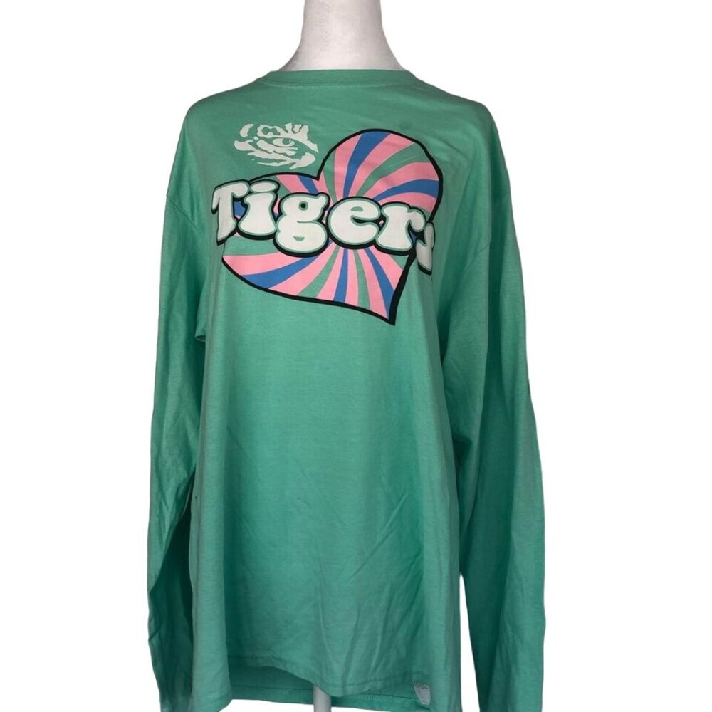 LSU Tigers long sleeve shirt, large, New. light green with pink and blue heart